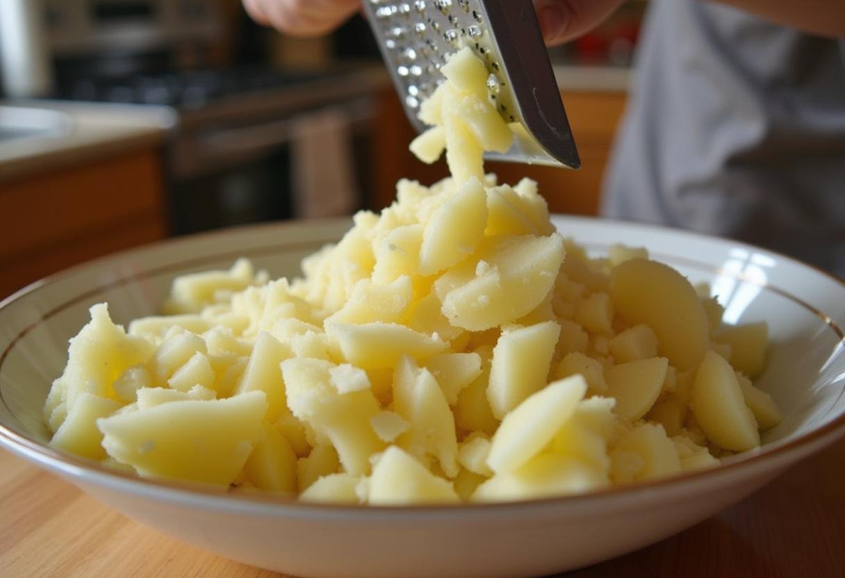 Geriebene Kartoffeln für Kartoffelpufferknusperfestival mit Apfelmus in einer Schüssel.
