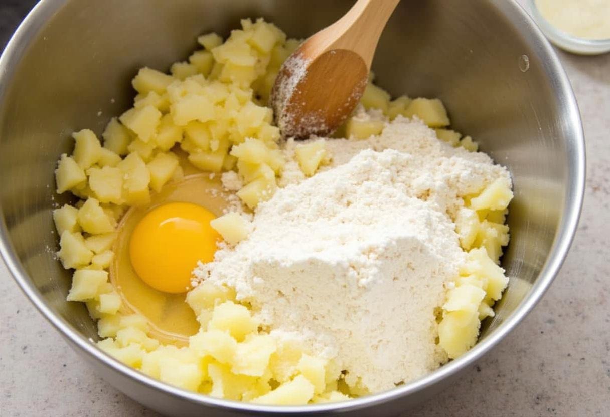 Kartoffelteig für Kartoffelpufferknusperfestival wird mit Mehl, Salz und Ei gemischt.