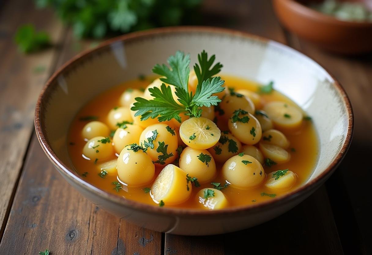 Fertiger Kartoffelsalat mit Mayonnaise und Brühe, bereit zum Servieren.