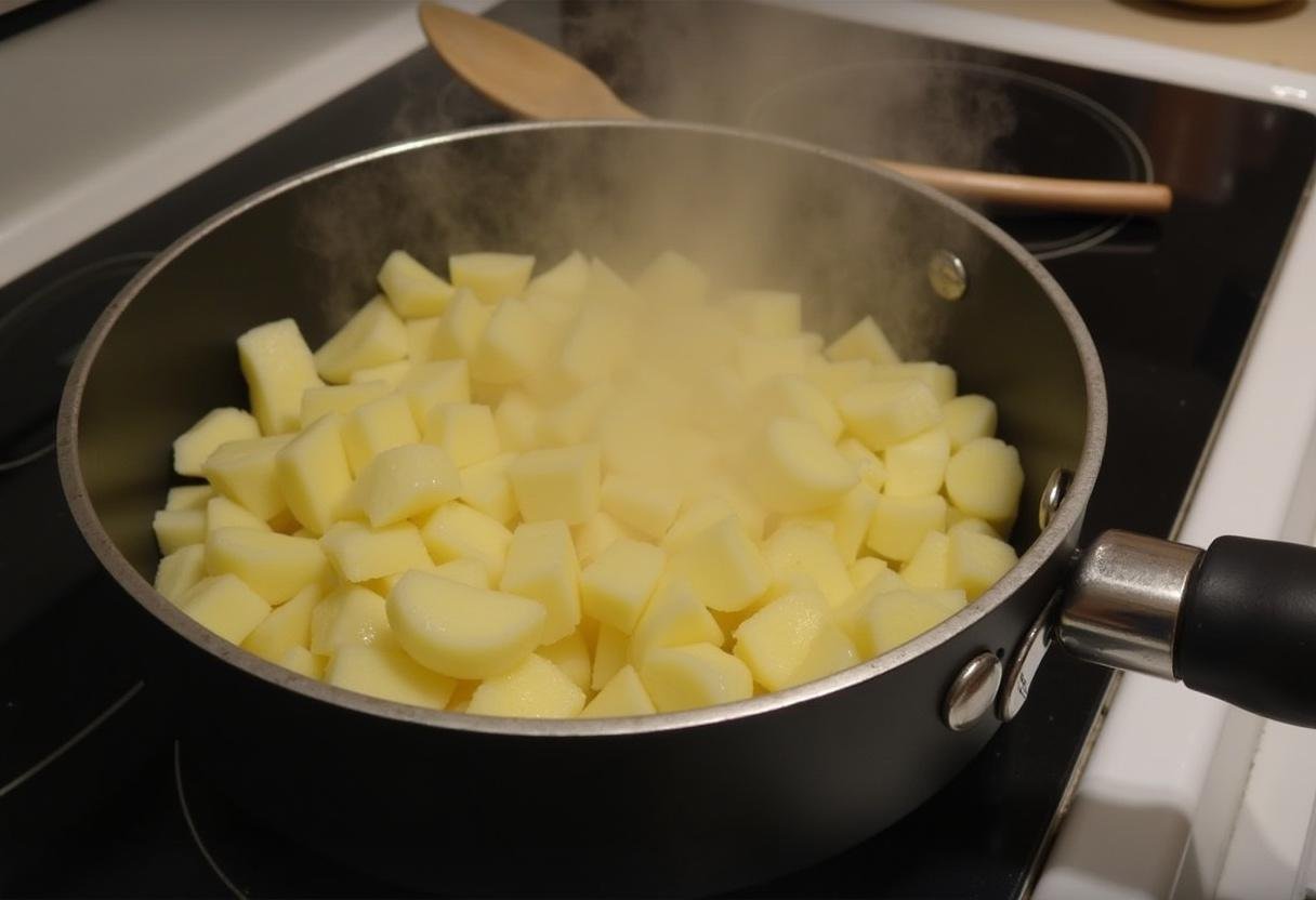 Gekochte Kartoffeln für Kartoffelsalat, die auf dem Herd dampfen.
