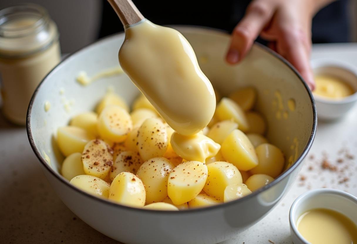Kartoffeln, die mit Mayonnaise für Kartoffelsalat vermischt werden.