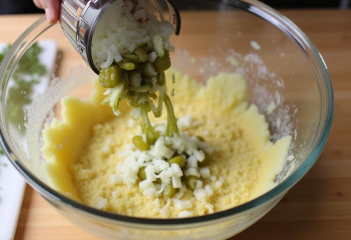 Zwiebeln und Gurken, die dem Kartoffelsalat hinzugefügt werden.