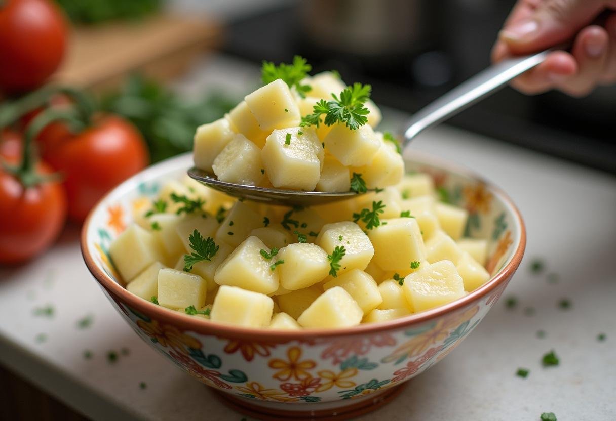Kartoffelsalat wird in eine Servierschüssel umgefüllt und dekoriert.