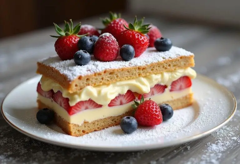 Fertiger Kinder-Milch-Sandwich-Kuchen mit cremiger Füllung und frischen Beeren.
