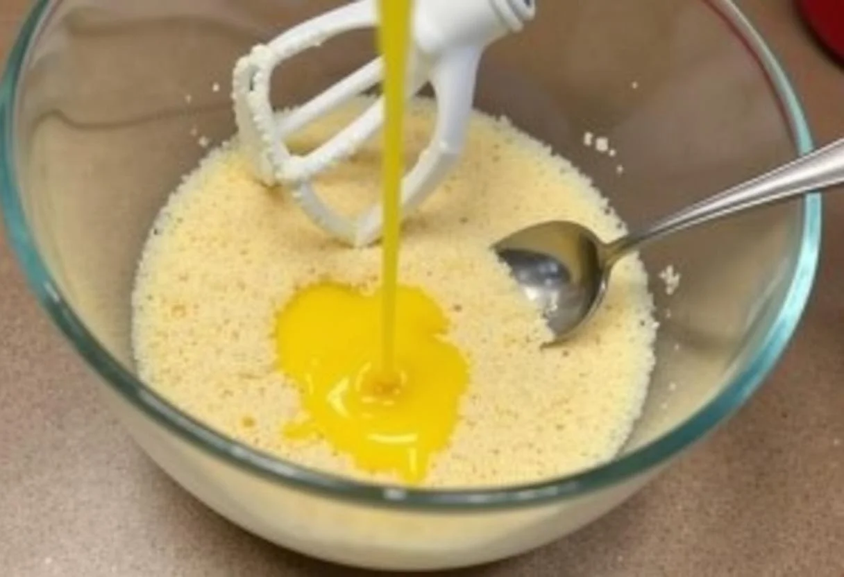 Melted butter being combined with crushed biscuits for the base of Kinder-Milch-Sandwich-Kuchen.