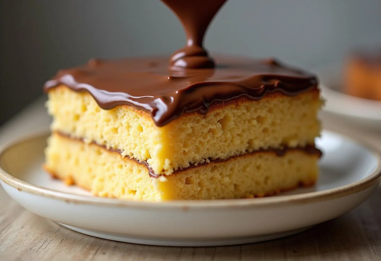 Layering sponge cake and creamy chocolate filling for Kinder-Milch-Sandwich-Kuchen preparation.