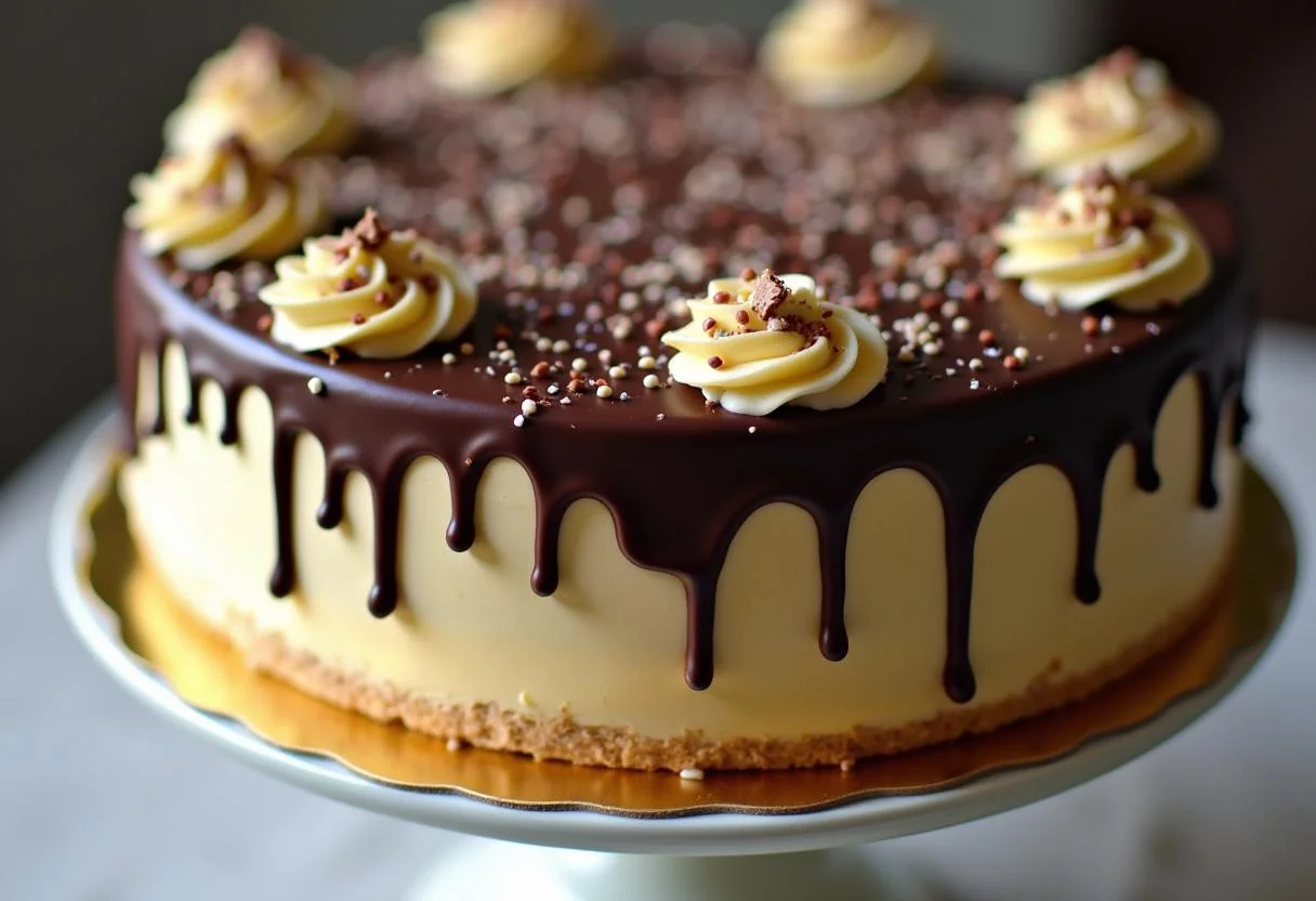 Decorated Kinder-Milch-Sandwich-Kuchen ready for presentation on a cake stand.