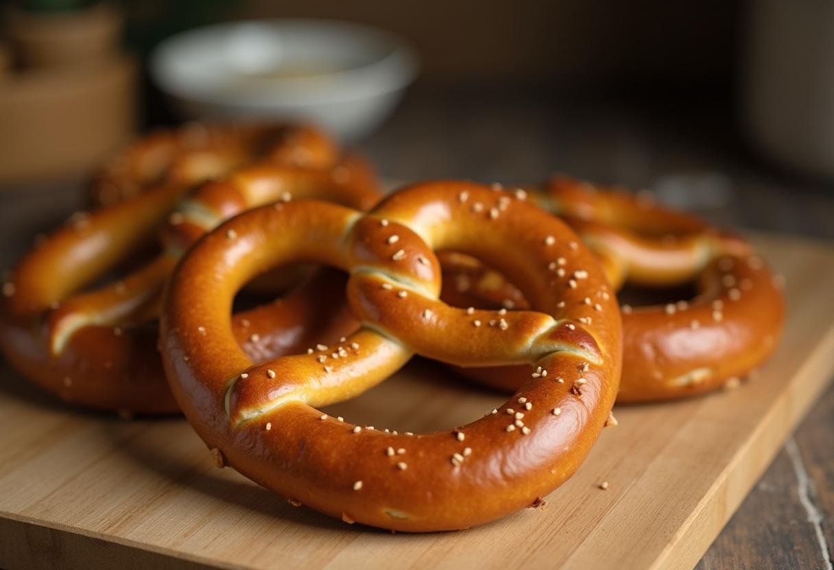 Freshly baked classic German pretzels, golden and delicious, ready to enjoy.