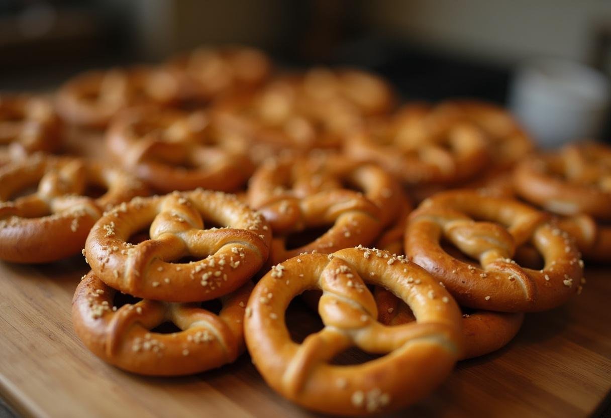 Frisch gebackene klassische deutsche Brezeln, goldbraun und köstlich, bereit zum Genießen.