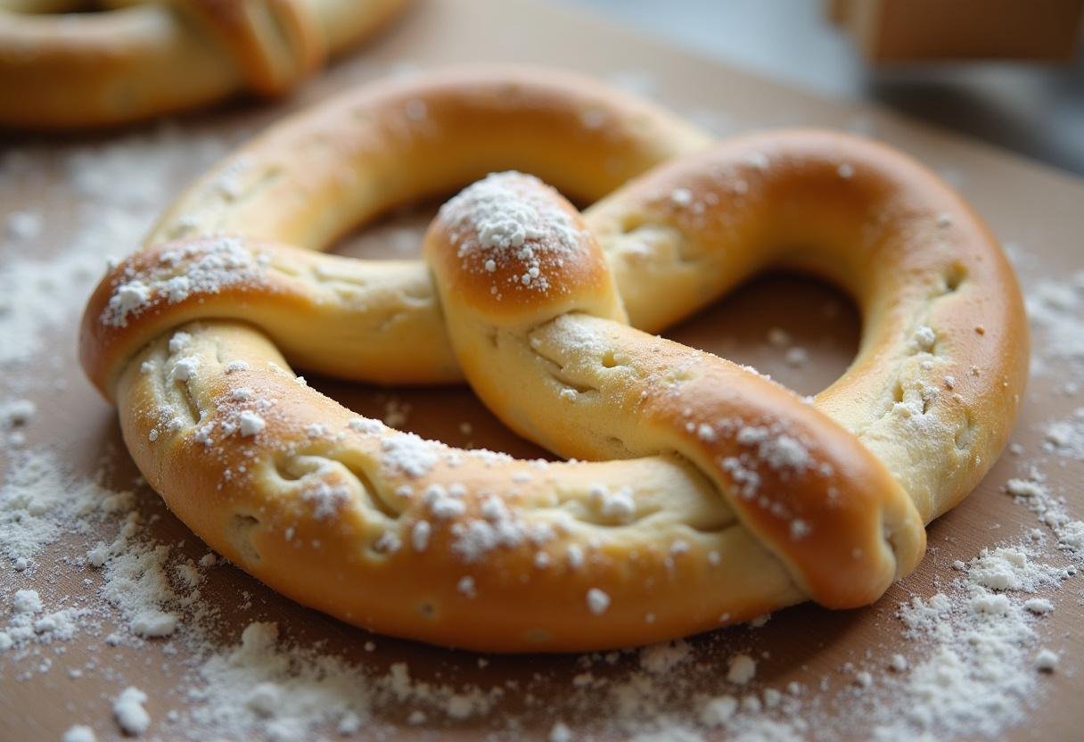 Teig wird in die klassische Brezelform gedreht vor dem Backen.