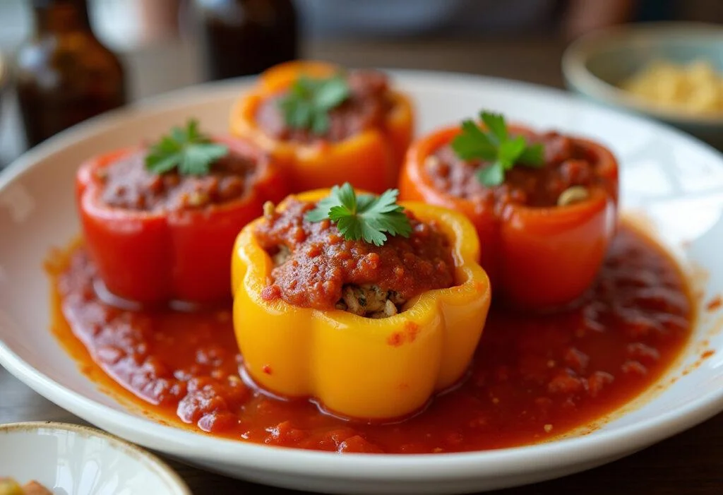 Garnished gefüllte Paprika mit Hackfleisch und Reis, perfect for a hearty dinner.