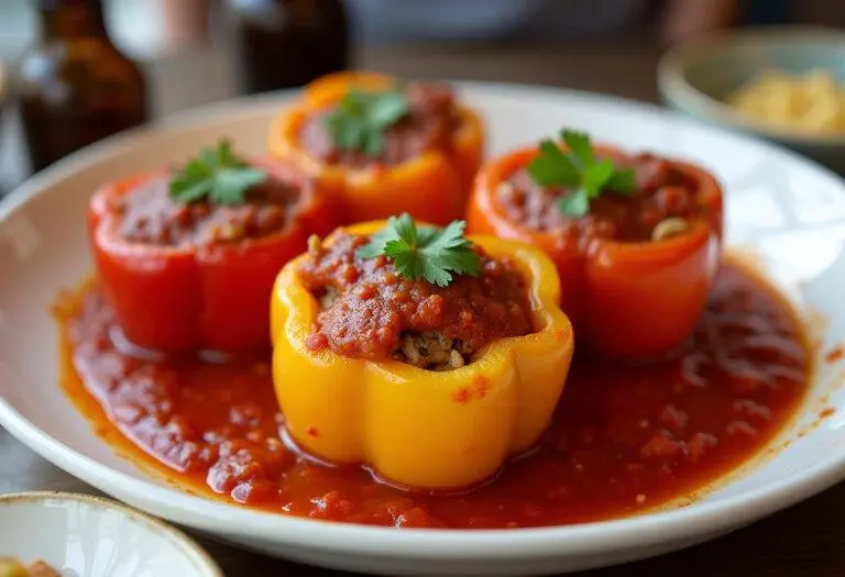 Garnished gefüllte Paprika mit Hackfleisch und Reis, perfect for a hearty dinner.