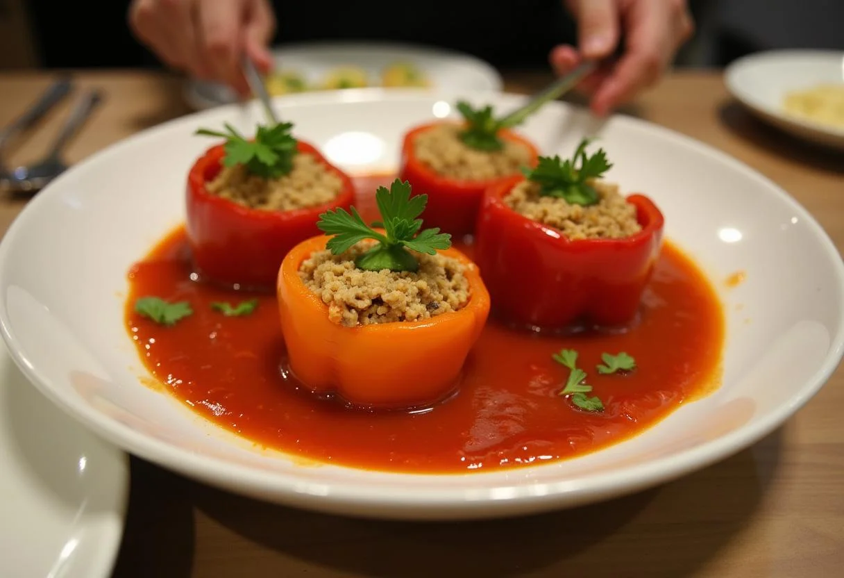 Garnished gefüllte Paprika mit Hackfleisch und Reis, perfect for a hearty dinner.