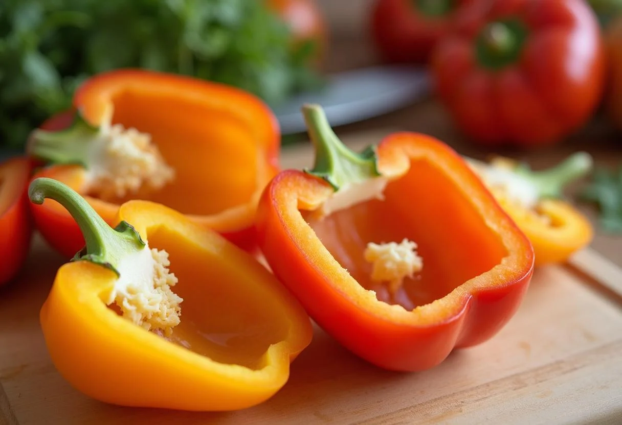 Halved bell peppers ready for filling, part of the Rezept für gefüllte Paprika mit Hackfleisch und Reis.