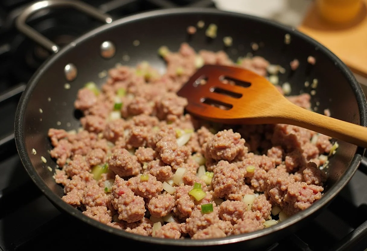 Ground meat mixture cooking in a skillet for gefüllte Paprika mit Hackfleisch und Reis recipe.