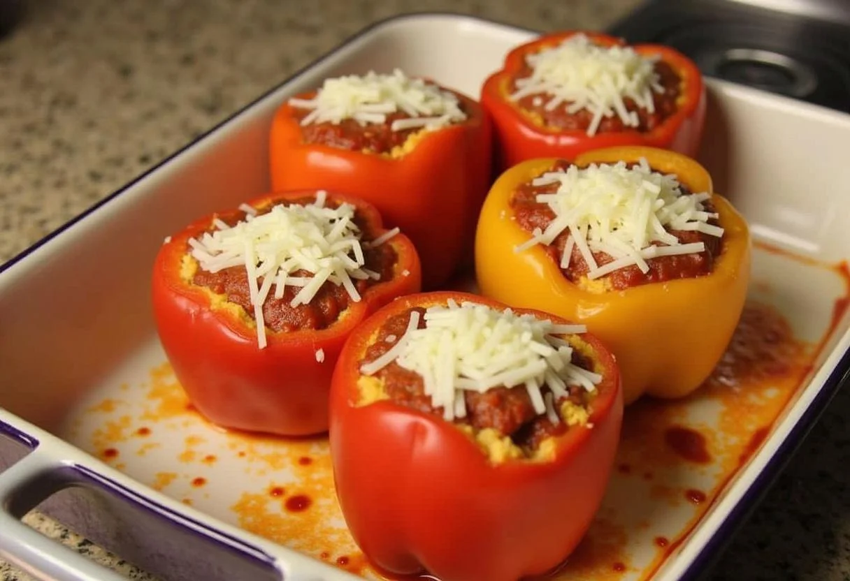 Stuffed bell peppers filled with meat and rice, prepared for baking in the oven.