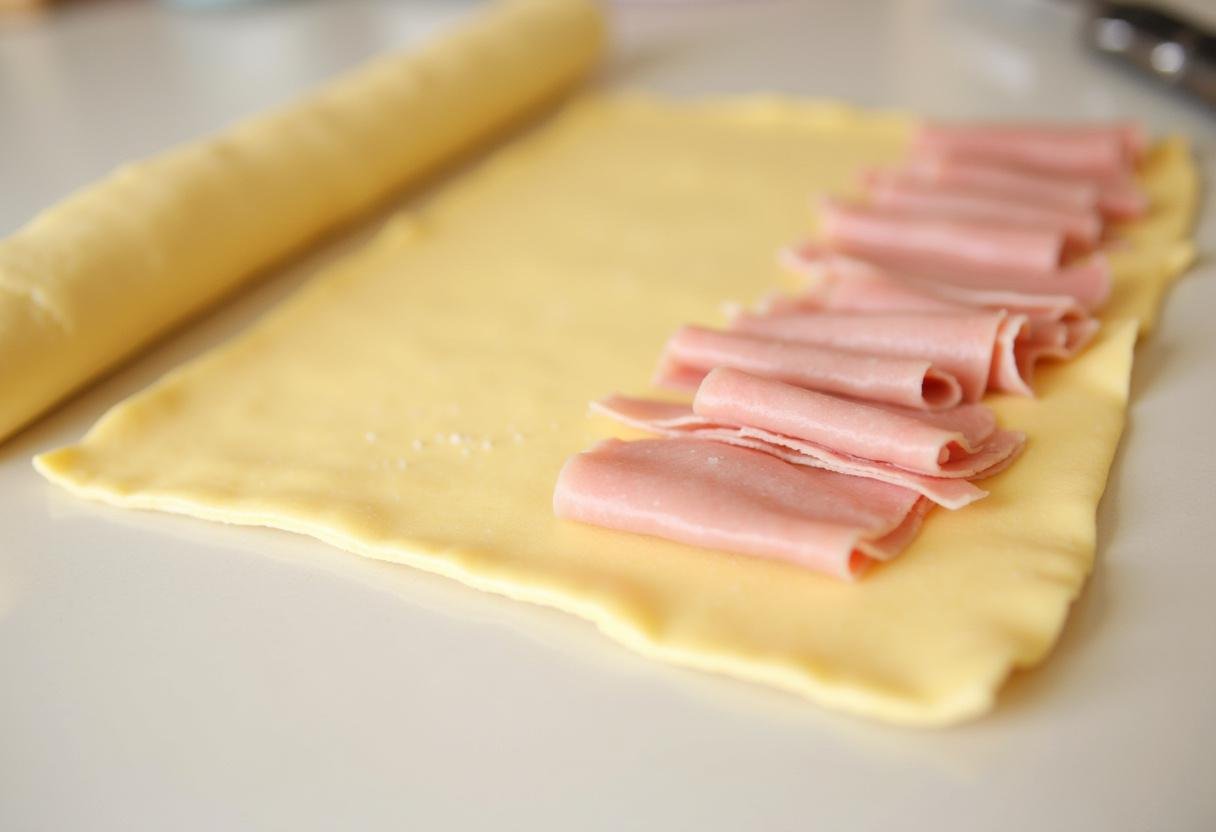 Ausgerollter Blätterteig mit Schinken und Käse, bereit zur Zubereitung von knusprigen Blätterteig-Schinken-Käse-Stangen.