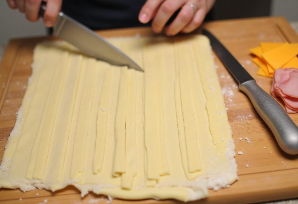 Blätterteig wird in Streifen geschnitten für die Zubereitung von Schinken-Käse-Stangen.