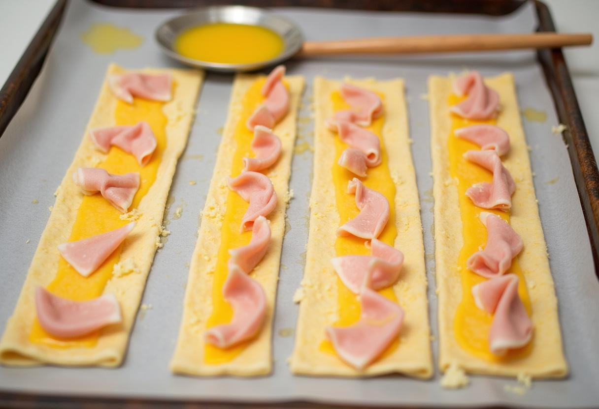 Gestapelte Blätterteigstreifen mit Schinken und Käse, bereit zum Backen von Blätterteig-Käse-Stangen.