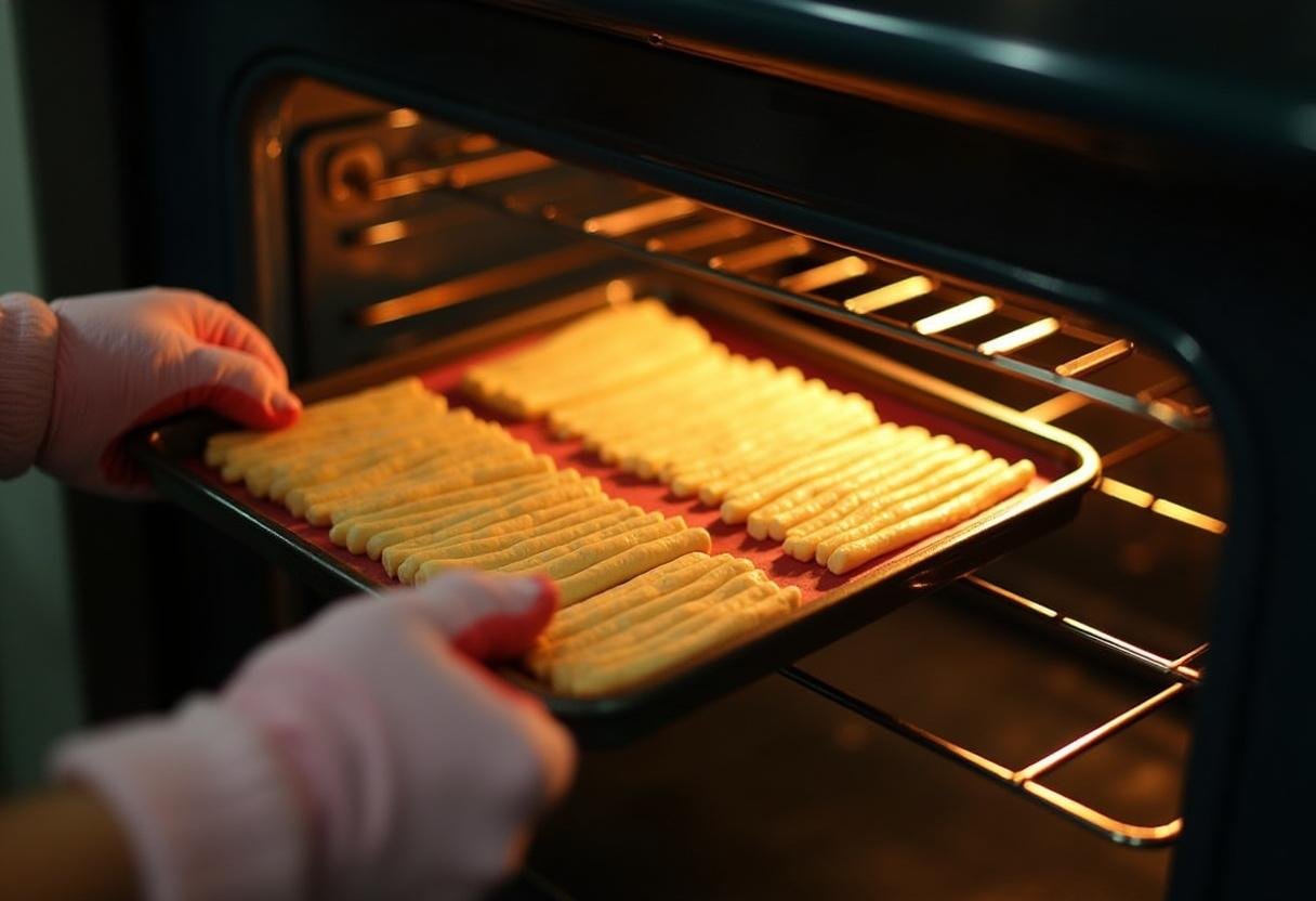 Backblech mit gefüllten Blätterteigstangen wird in den Ofen geschoben.