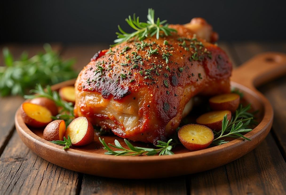 Fertige knusprige Schweinshaxe mit Kräuterkruste, serviert mit Bratkartoffeln und Sauerkraut.