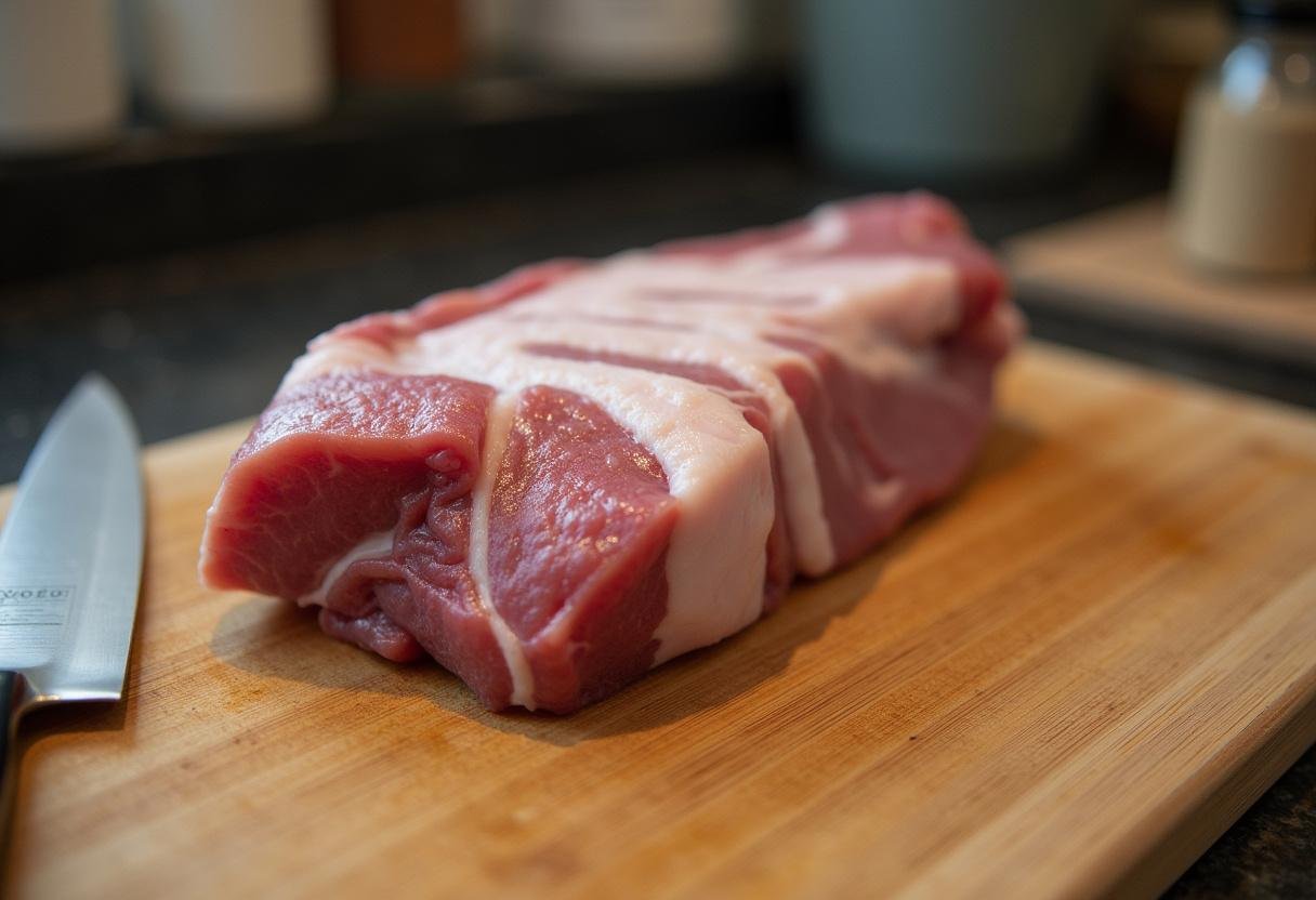 Rohe Schweinshaxe mit Salz und Pfeffer gewürzt auf einem Holzbrett mit frischen Kräutern für knusprige Schweinshaxe mit Kräuterkruste.