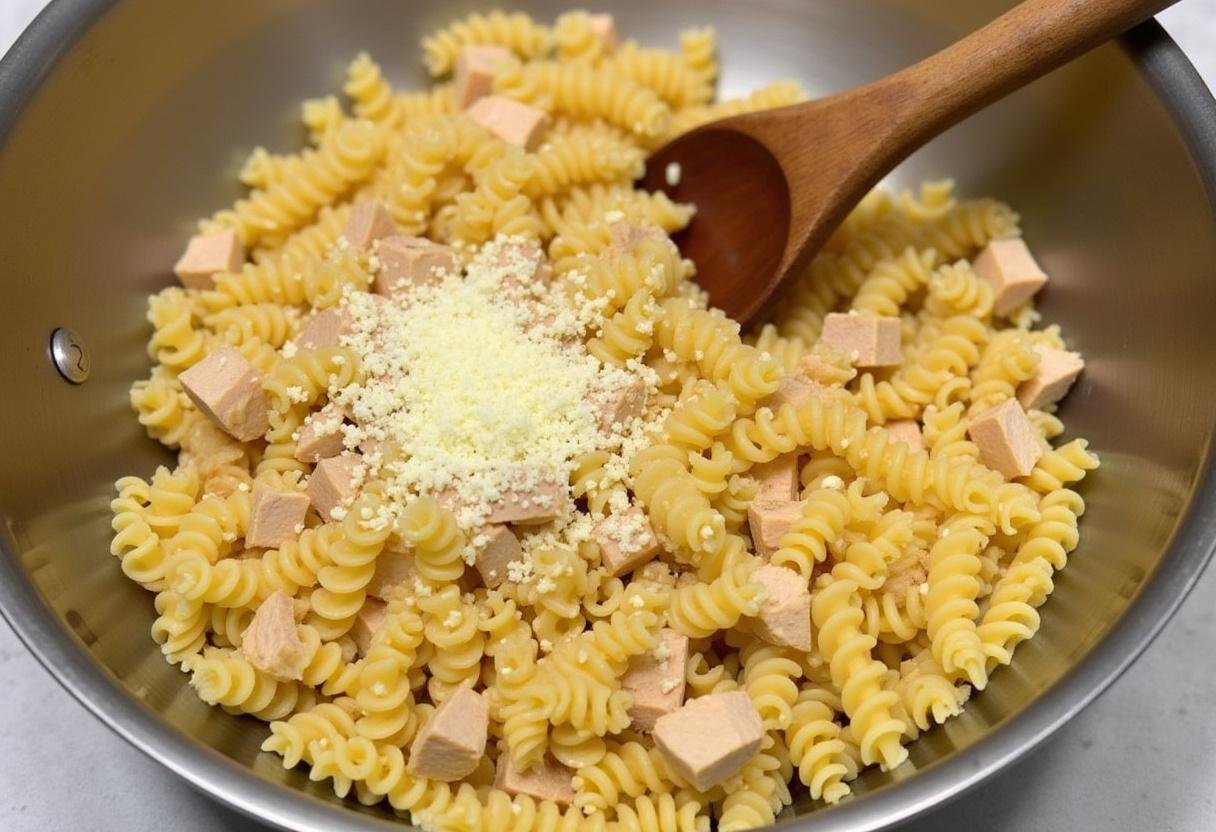 Zutaten für Knuspriger Nudel Hähnchen Auflauf in einer Schüssel kombiniert.