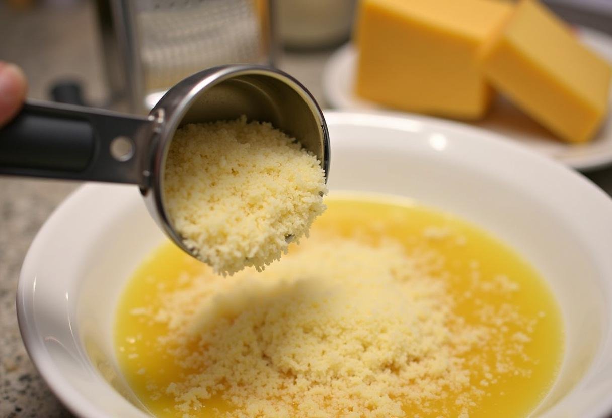 Parmesan-Käse wird der Nudel-Hähnchen-Mischung für den Auflauf hinzugefügt.