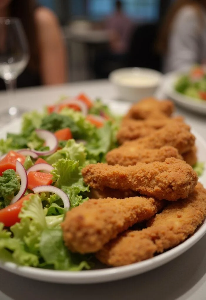 Servierteller mit knusprigem Hähnchen und frischem Salat, ideal für ein köstliches Abendessen.