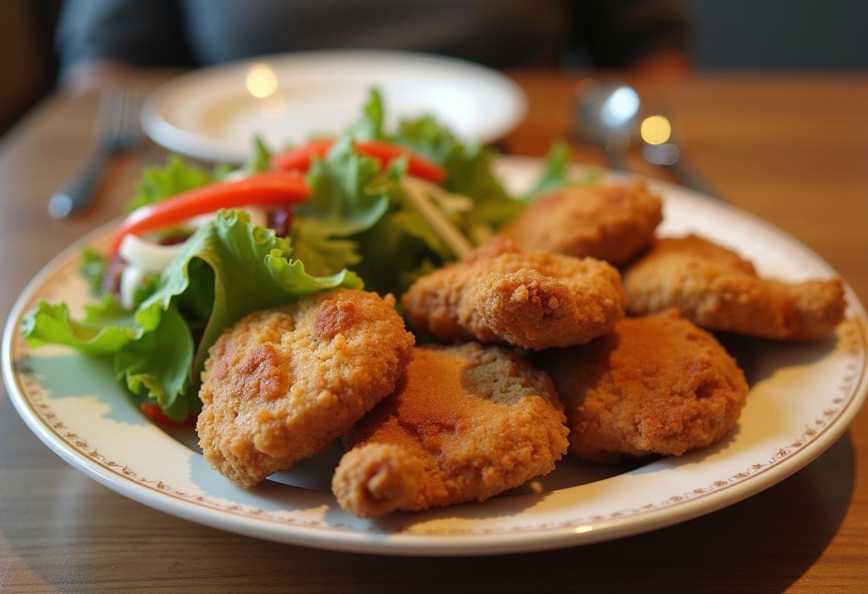 Servierteller mit knusprigem Hähnchen und frischem Salat, ideal für ein köstliches Abendessen.