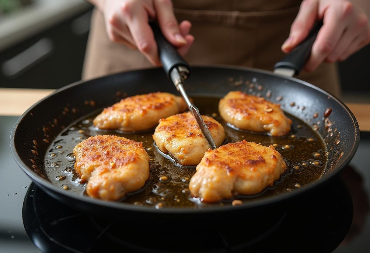 Hähnchenstücke werden in einer Pfanne mit heißem Öl für knuspriges Hähnchen gebraten.
