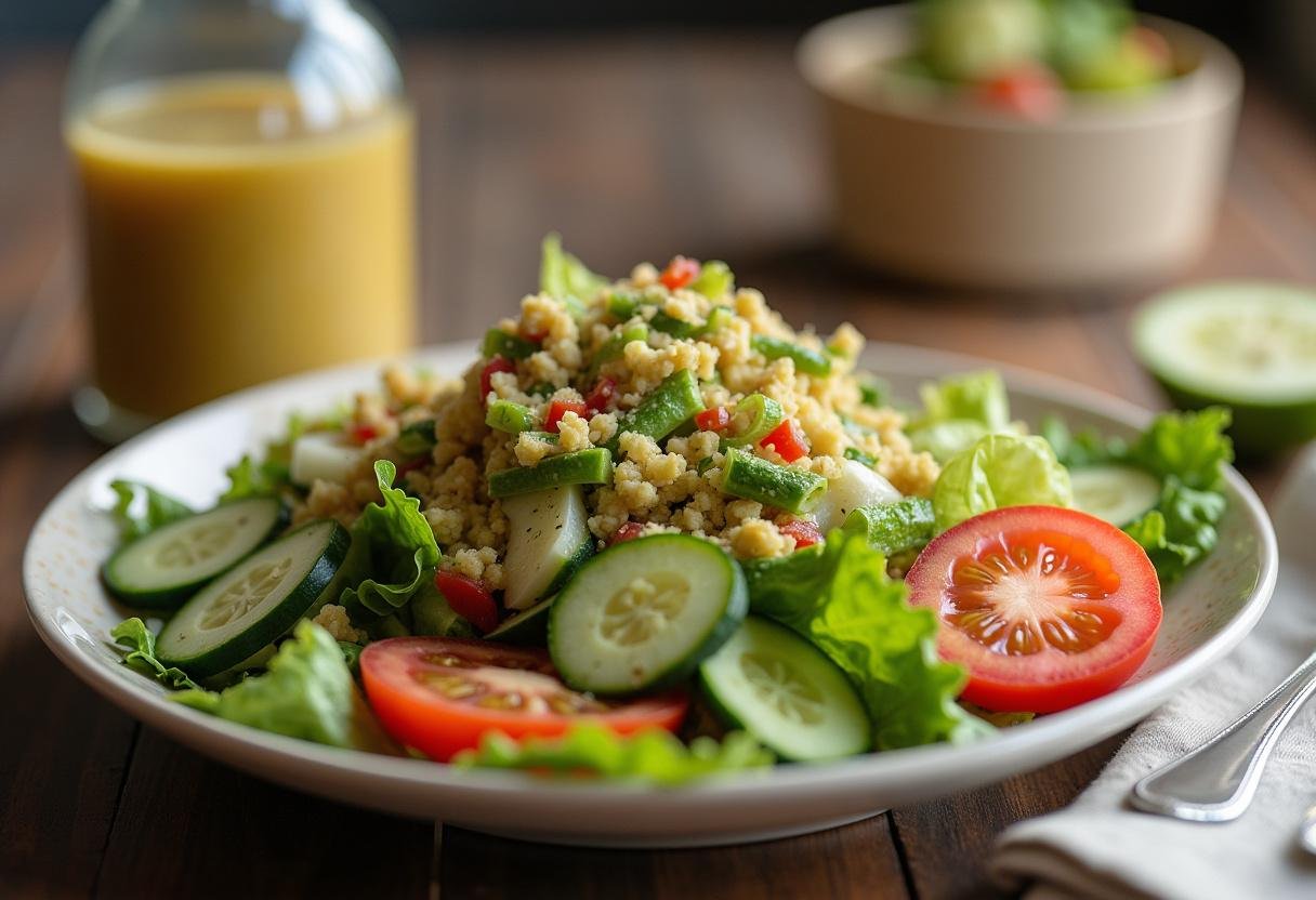 Frischer Salat aus Gurken, Tomaten und Kopfsalat für das Servieren mit knusprigem Hähnchen.