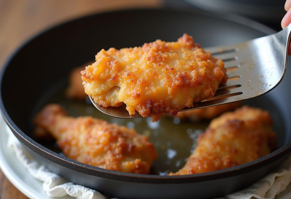 Knuspriges Hähnchen, das aus der Pfanne genommen wird, um überschüssiges Öl abtropfen zu lassen.