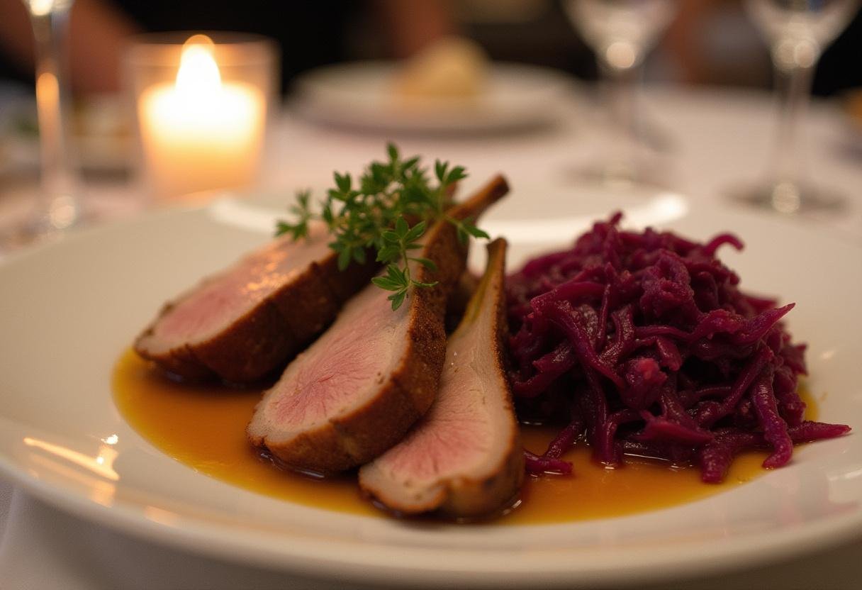 Finished Krosse Entenbrust mit karamellisiertem Rotkohl, beautifully plated for a gourmet meal.