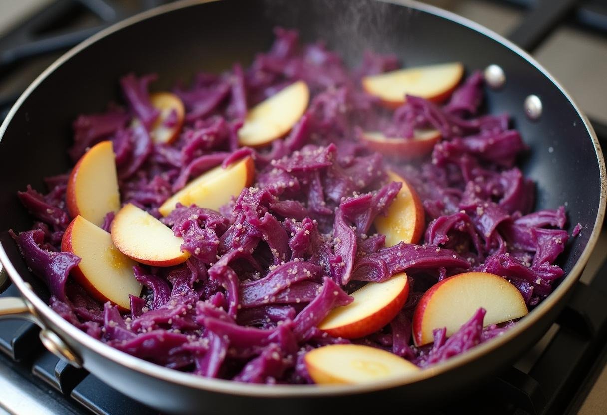 Rotkohl mit Äpfeln und Zwiebeln beim Karamellisieren