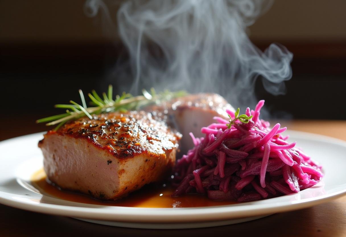 Angebratene Entenbrust mit karamellisiertem Rotkohl angerichtet