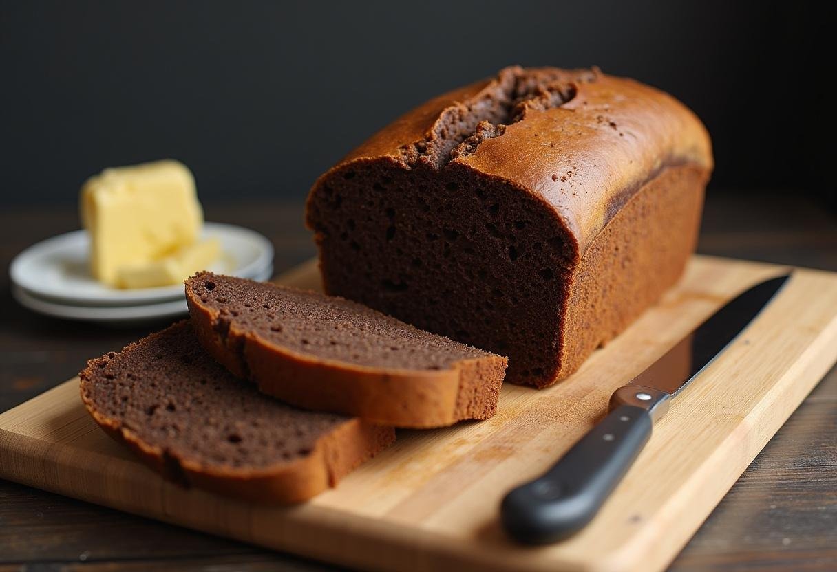Fertiges krustiges Schwarzbrot der Alpen, frisch aus dem Ofen und servierfertig.