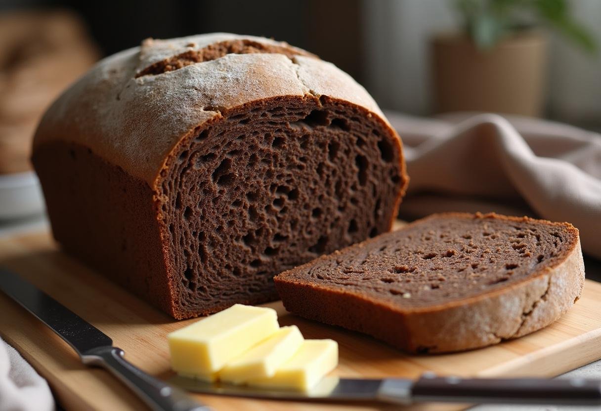 Fertiges krustiges Schwarzbrot der Alpen, frisch aus dem Ofen und servierfertig.