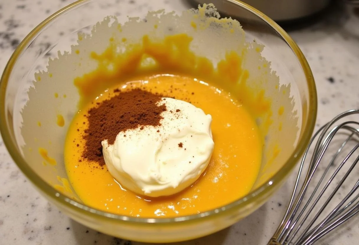 Kürbis und Mascarpone Mischung in einer Schüssel für Kürbis-Käsekuchen.