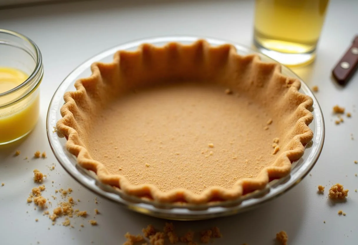 Kekskruste für Kürbis-Käsekuchen wird in einer Form vorbereitet.