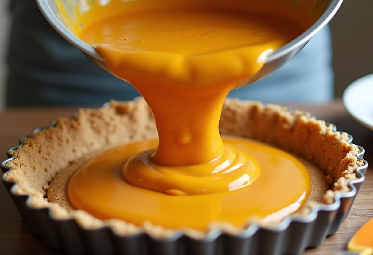 Pumpkin-Käsekuchen Mischung wird in die Kekskruste gegossen.