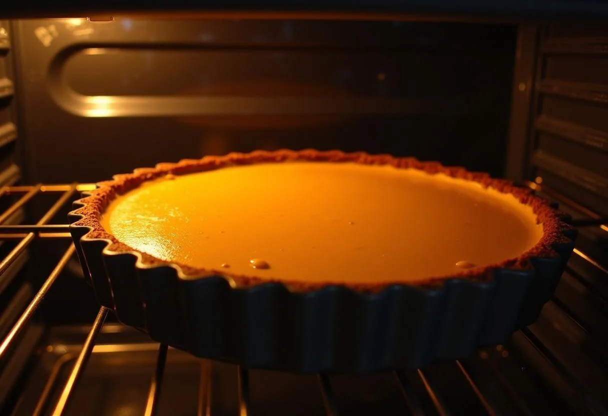 Kürbis-Käsekuchen wird in den Ofen geschoben zum Backen.