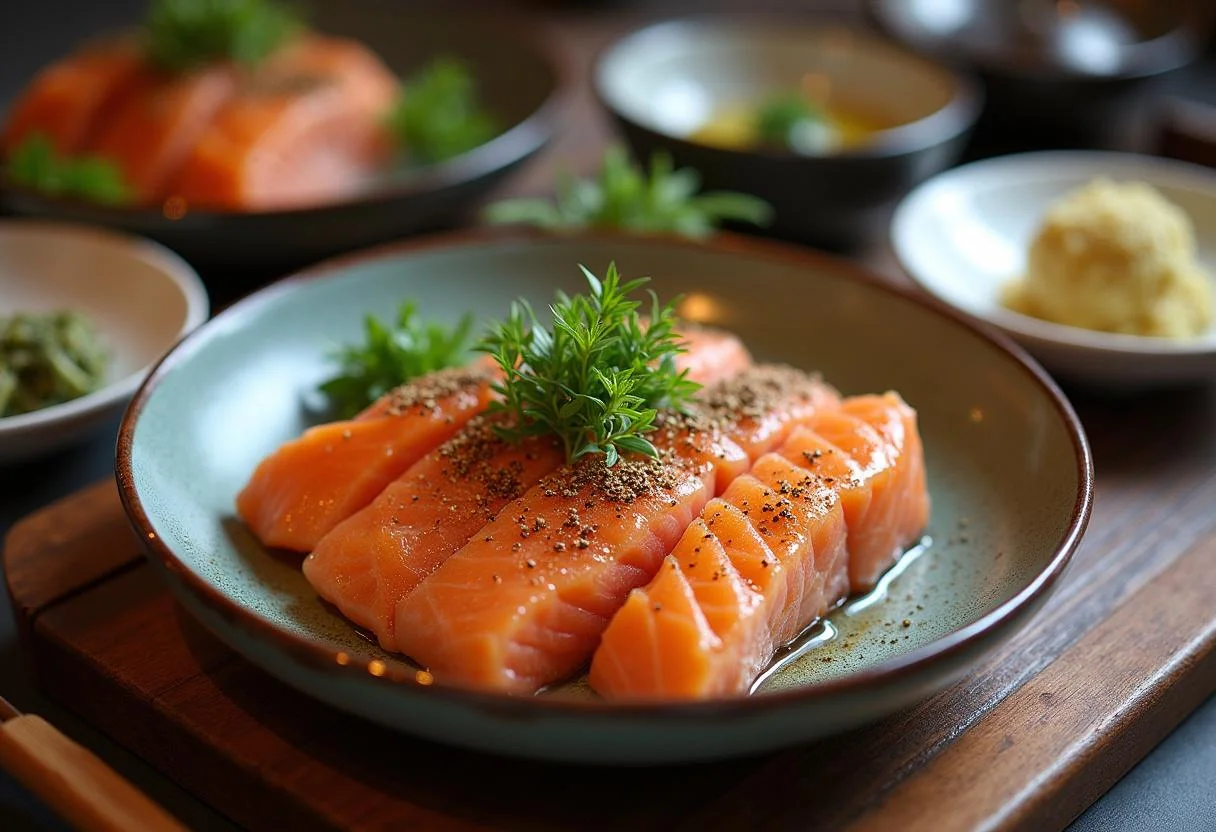 Served Lachs nach japanischer Art mit Wasabi, ready for enjoyment in a Japanese-inspired dining setting.