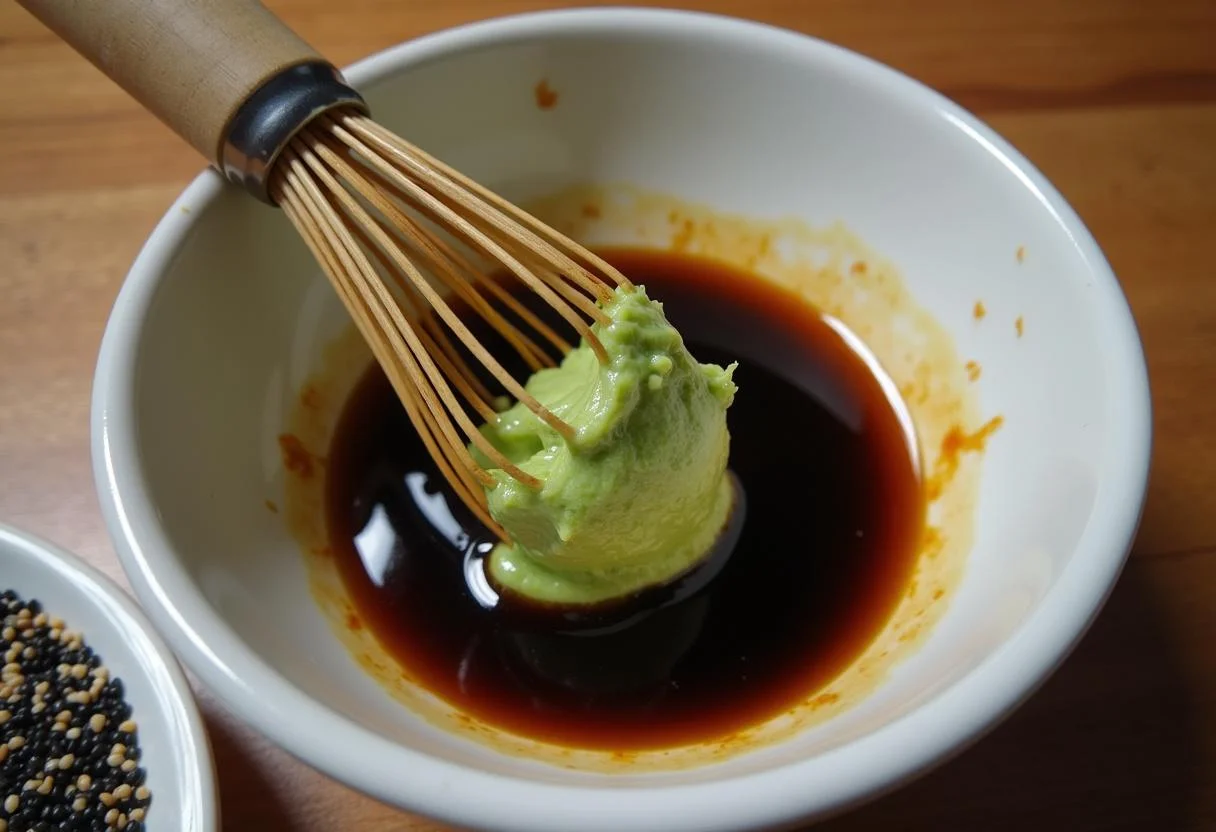 Wasabi and soy sauce mixture for Lachs nach japanischer Art, ready for seasoning.