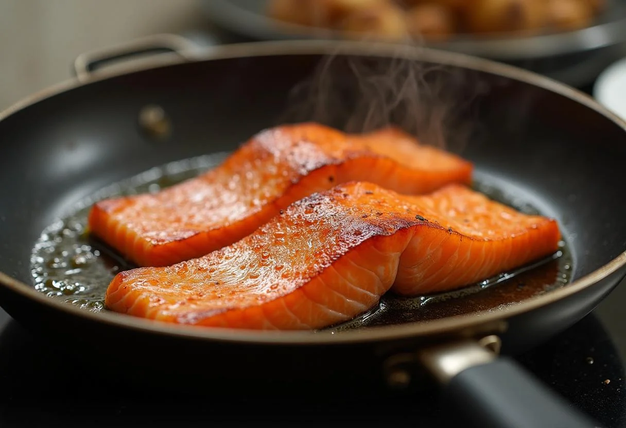 Salmon fillets searing in a pan for Lachs nach japanischer Art mit Wasabi.