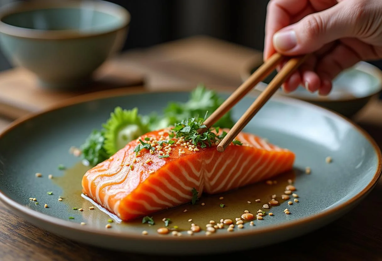 Plated Lachs nach japanischer Art mit Wasabi, ready to be enjoyed with chopsticks.