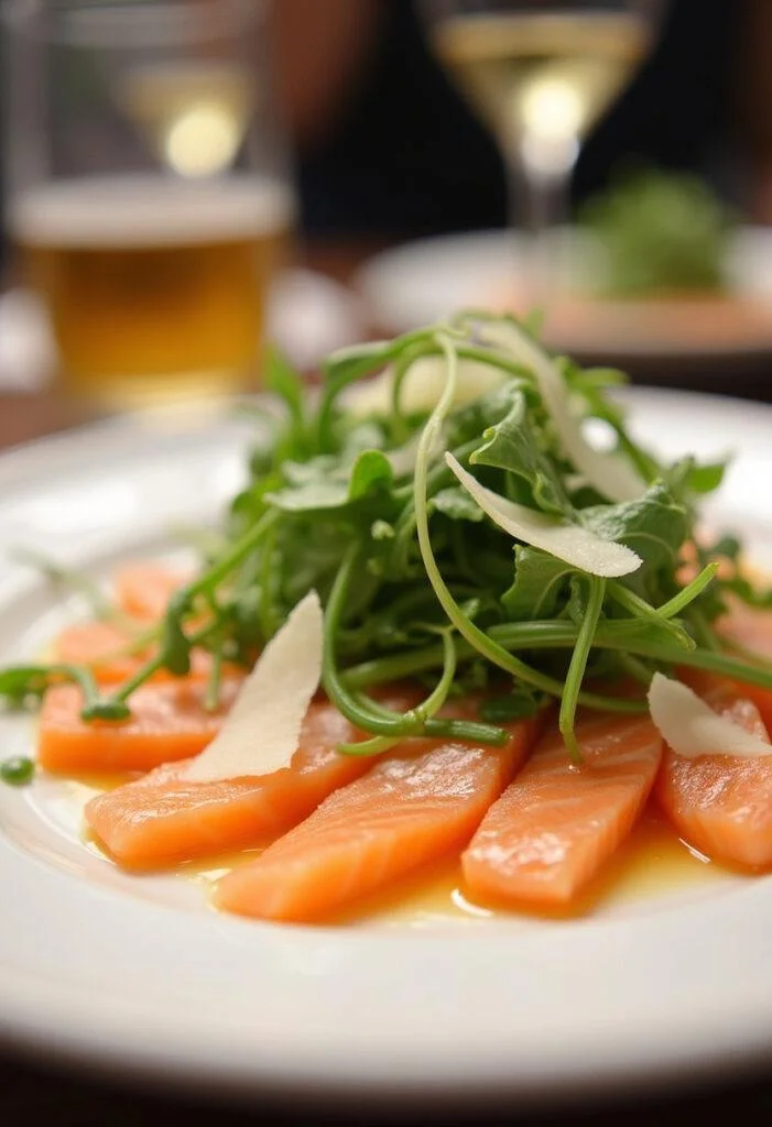 Fertiges Lachscarpaccio mit Rucola und Parmesan, ideal für ein feines Dinner.