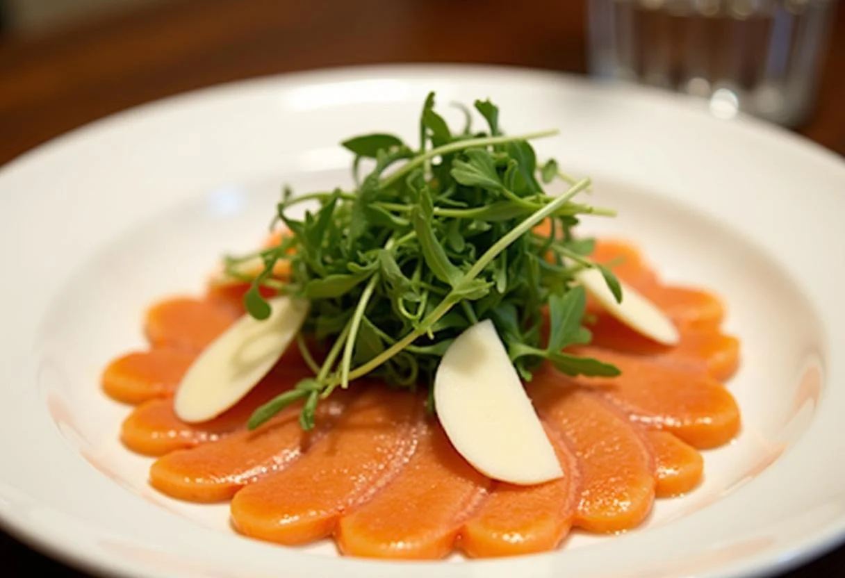 Fertiges Lachscarpaccio mit Rucola und Parmesan, ideal für ein feines Dinner.