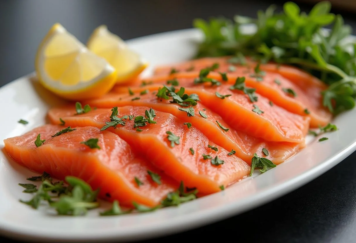 Frisch geschnittenes Lachscarpaccio auf einer Platine, umgeben von Rucola und Zitronenscheiben.