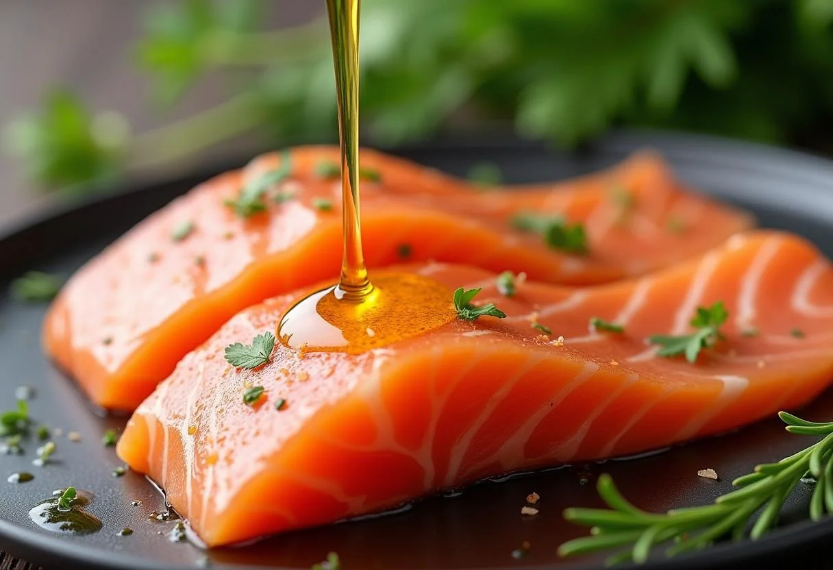 Olivenöl wird über das Lachscarpaccio gegossen, um den Geschmack zu verbessern.